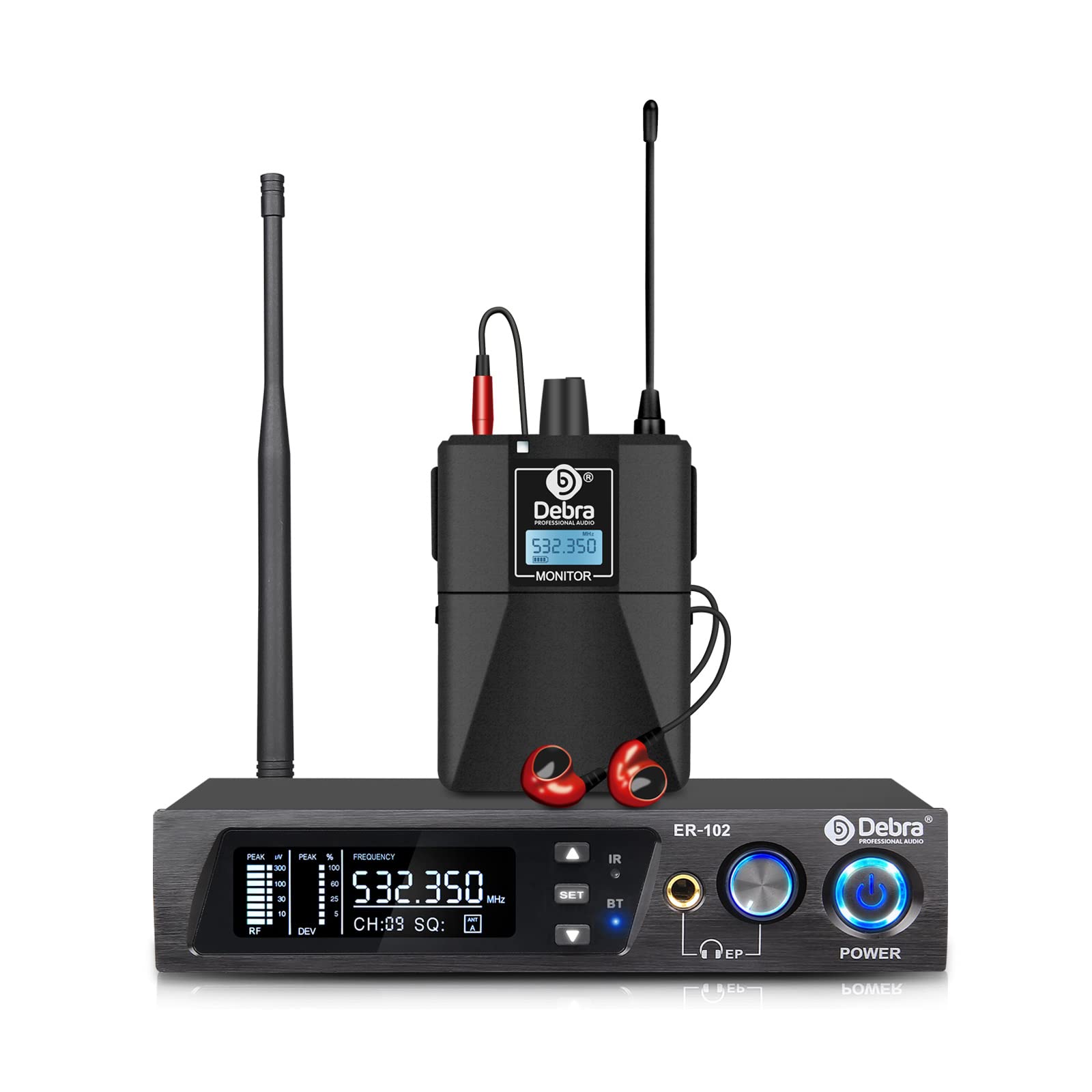 Debra Audio PRO ER-102 UHF jednokanałowy bezprzewodowy system monitorowania dousznego z nadajnikiem i odbiornikiem do sceny, studia nagraniowego, muzyków, monitoringu (1 opakowanie z nadajnikiem)