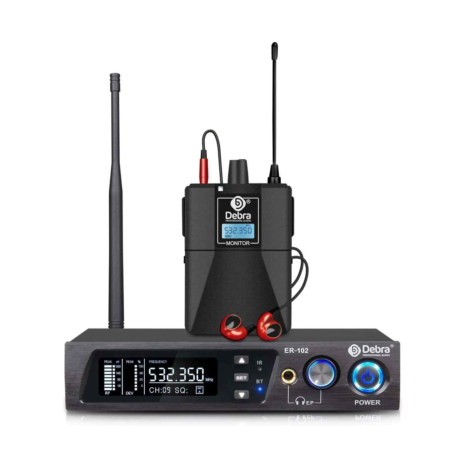 Debra Audio PRO ER-102 UHF jednokanałowy bezprzewodowy system monitorowania dousznego z nadajnikiem i odbiornikiem do sceny, studia nagraniowego, muzyków, monitoringu (1 opakowanie z nadajnikiem)
