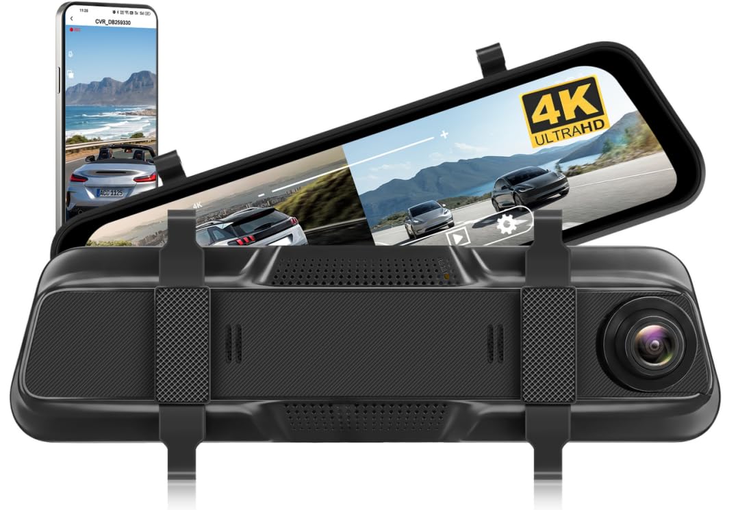 CAMECHO Lustro na deskę rozdzielczą o przekątnej 9,66", 4K z przodu i tyłu 1080p, lusterko wsteczne, ekran dotykowy z WiFi, strumieniowe przesyłanie multimediów z podwójnym super noktowizorem