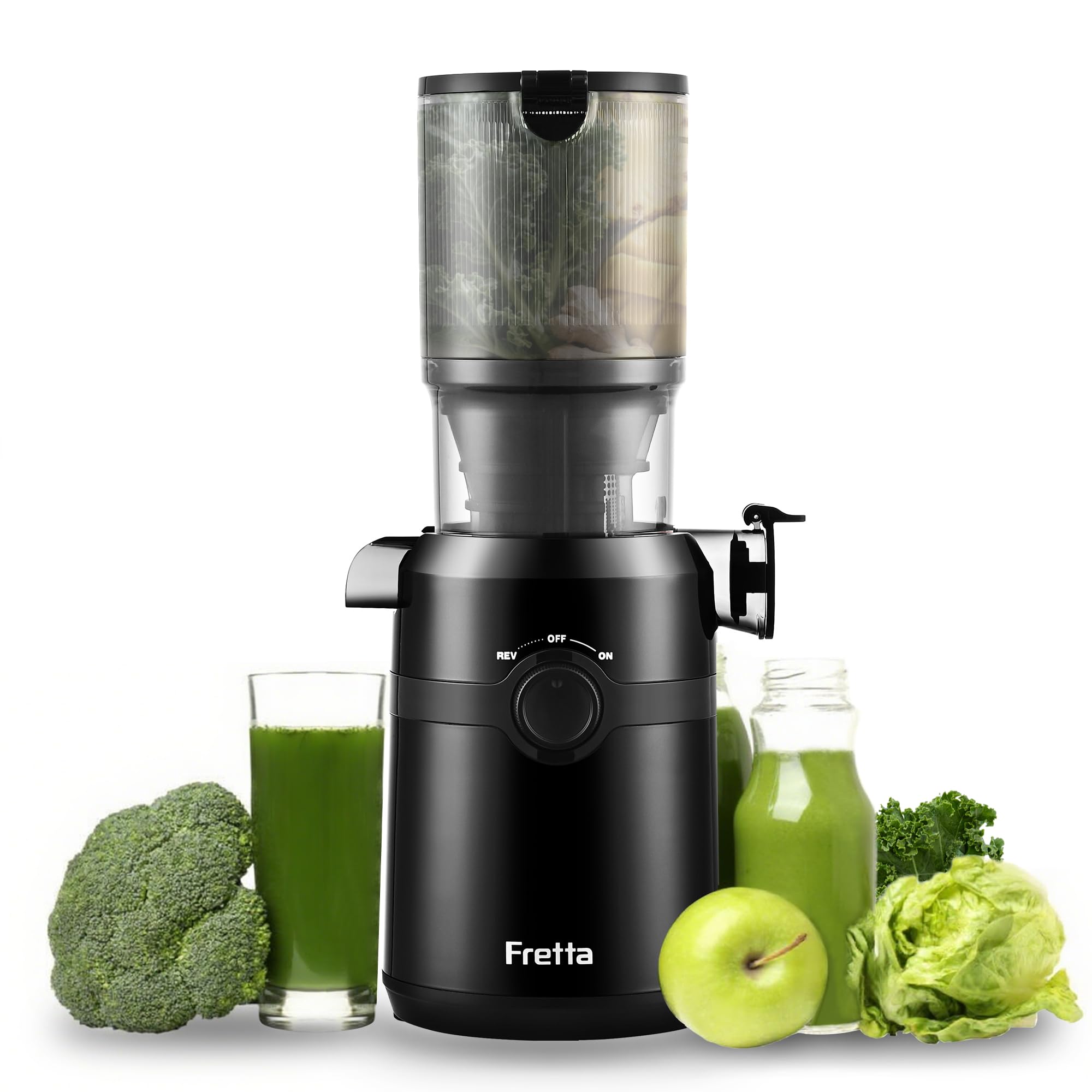 Fretta Sokowirówka Slow Juicer, 200 W, z dużym otworem wlotowym 108 mm, do całych warzyw i owoców, materiał tritan wolny od BPA, łatwe czyszczenie (czarna) 1L Dark Black
