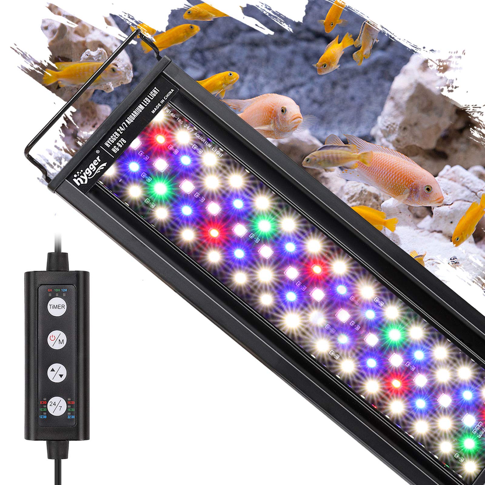 hygger Oświetlenie akwarium, oświetlenie LED, 24/7 trybów wschodu słońca, światło dzienne, światło księżyca, regulowany wyłącznik czasowy, regulowana jasność, z wyciąganym uchwytem, 7 color