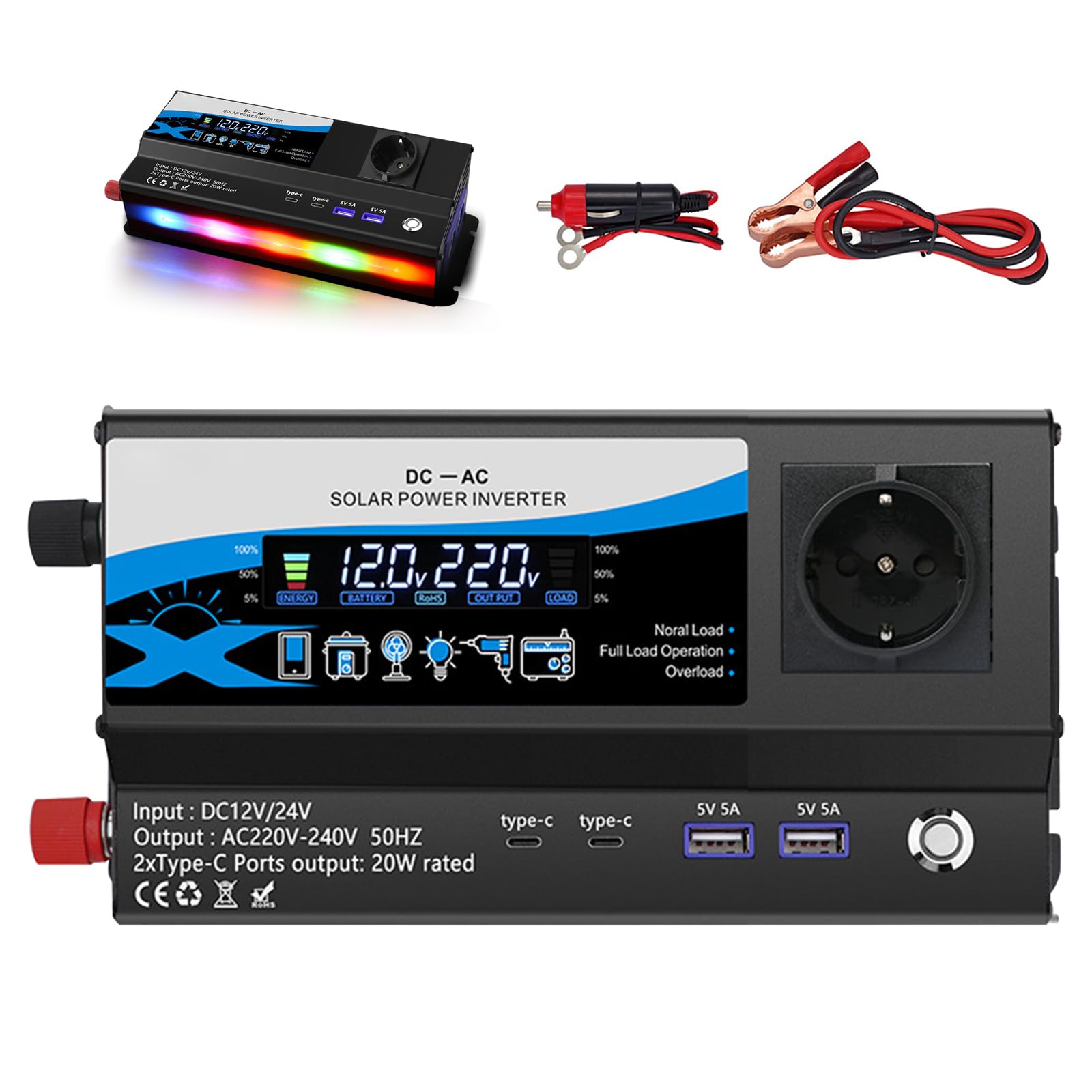 Falownik 1200 W, 12 V/24 V na 230 V, przetwornikiem napięcia
