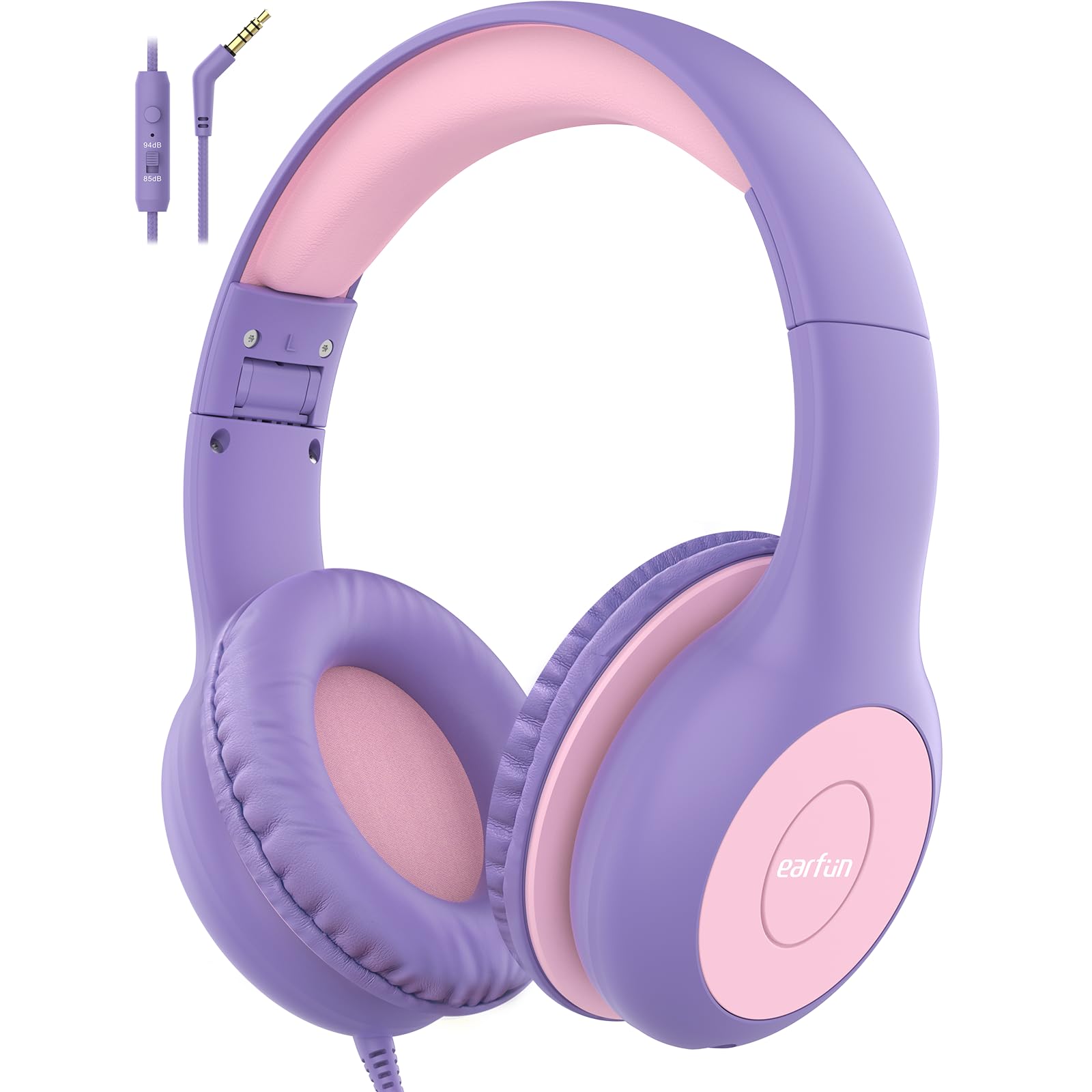 EarFun Dziecięce słuchawki z kablem, ogranicznik głośności 85/94 dB, składane, regulowane, stereo, mikrofon HD, udostępnianie audio, słuchawki nauszne do szkoły, na podróż, PC, fioletowe 85 dB/94 dB liliowy i różowy