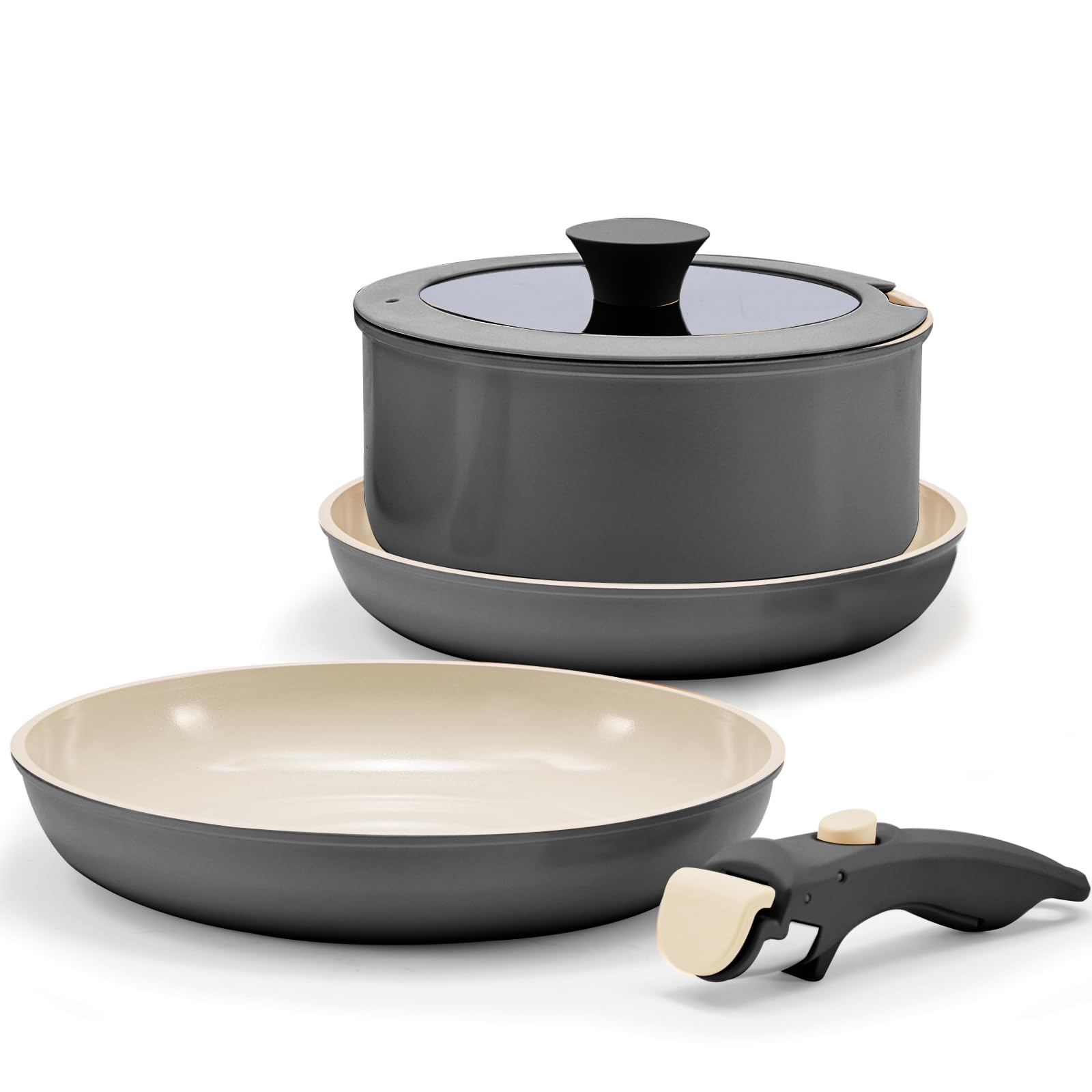 Florosa Ceramiczne garnki i patelnie 5-częściowy, 20/26 cm, nietoksyczne naczynia do gotowania, nieprzywierająca patelnia z pokrywką i zdejmowanymi uchwytami