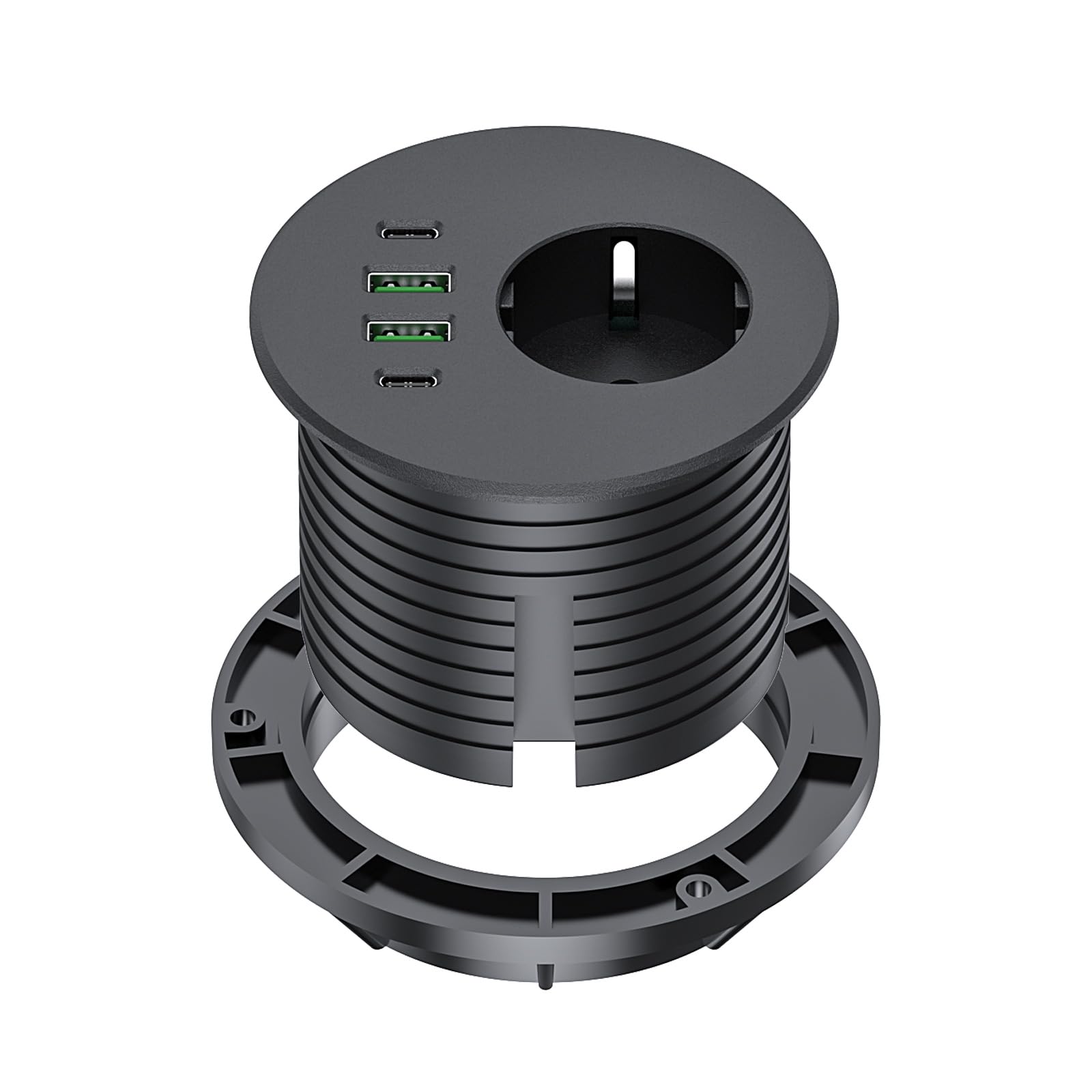 listwa zasilająca do zabudowy, gniazda stołowe do otworów stołowych 80 mm, gniazda wtykowe do zabudowy wyposażone w 1 Schuko, 2 porty USB-A, 2 porty USB-C i kabel sieciowy 2 m, czarna