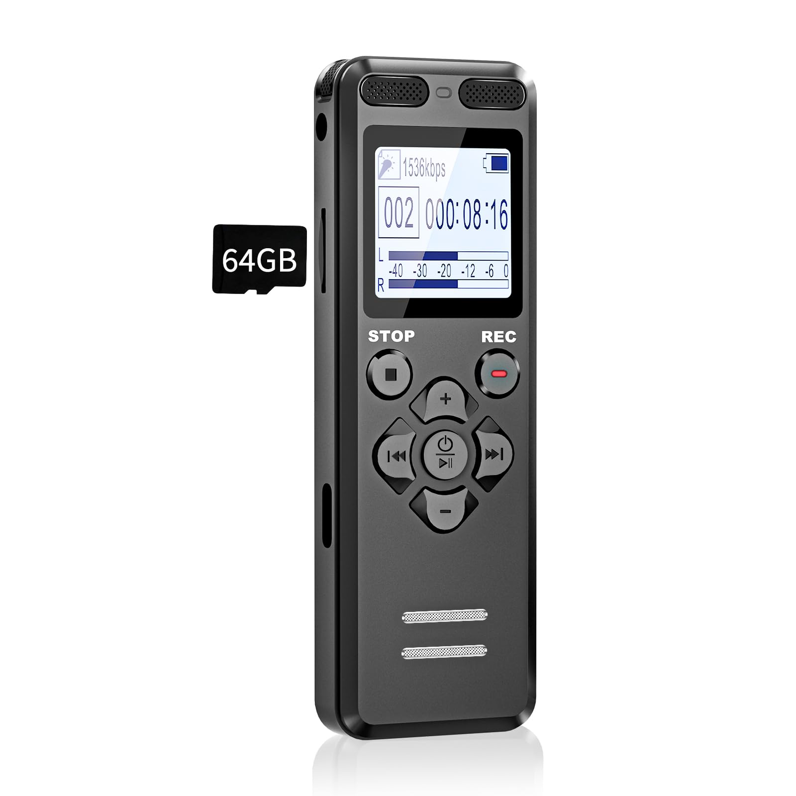 Dyktafon cyfrowy, 72 GB, Tonnlog 1536 kbps, nagrywarka głosowa z odtwarzaniem, USB-C Audio Voice Recorder z redukcją szumów podczas wykładów, spotkań, nagrywania jednym dotknięciem/blokowania 72GB