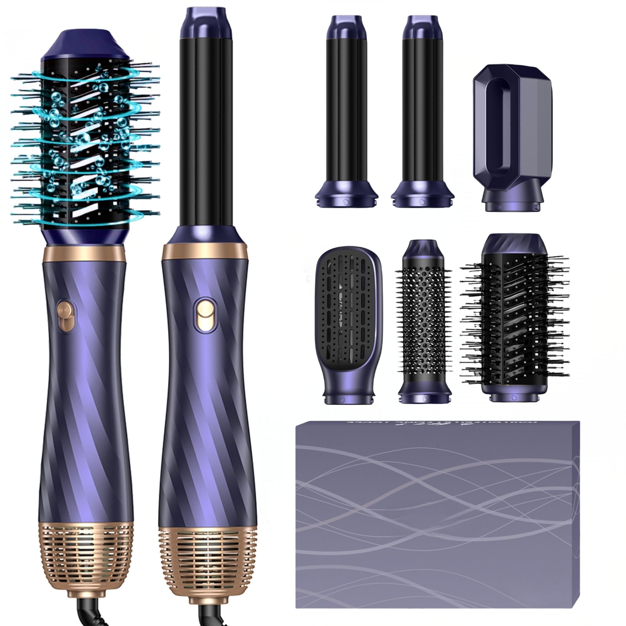 Airstyler 6 w 1 suszarka do włosów, zestaw z okrągłą szczotką z lokówką powietrzną, szczotką z gorącym powietrzem, prostownica do włosów, styler włosów, kolor niebieski/złoty