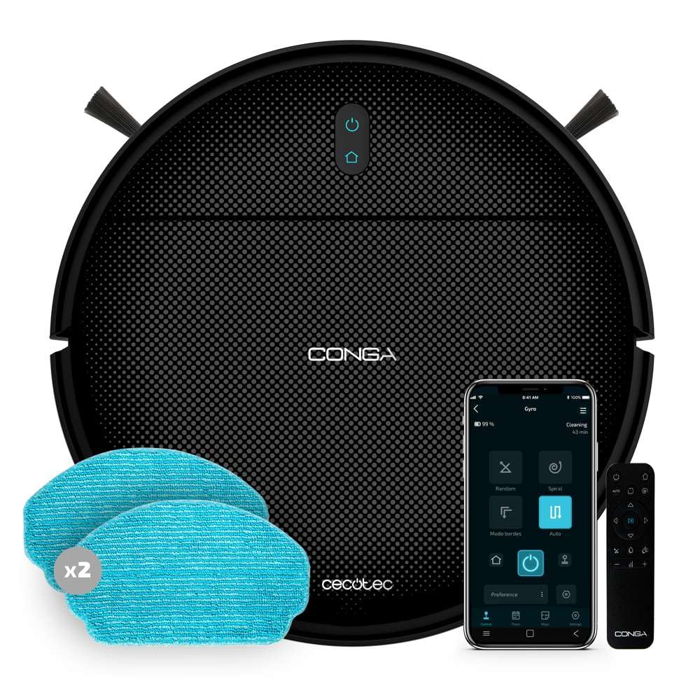 Cecotec Robot Odkurzacz Conga 999 Origin X-Treme, Nawigacja Reaktywna, 1000 Pa, 2 Szczotki Boczne, Autonomia 120 Minut, 6 programów, Sterowanie aplikacjami i kontrolerem, 2 Mopy do mycia Conga 999 pochodzenia 2 mopy