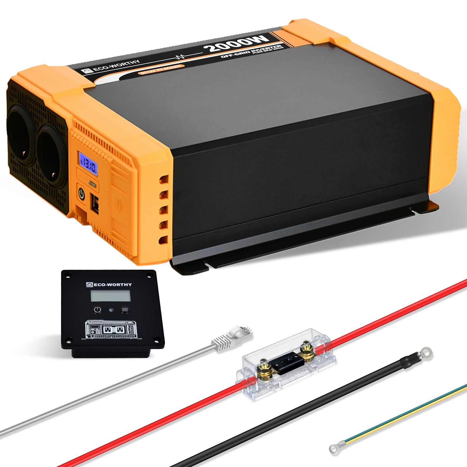 ECO-WORTHY Falownik 12 V na 230 V czysty sinus, falownik 2000 W, przetwornica napięcia wbudowany podwójny port USB 18 W, 2 x gniazda AC, 1 x zaciski Hardwire i 1 x bezpiecznik 100 A