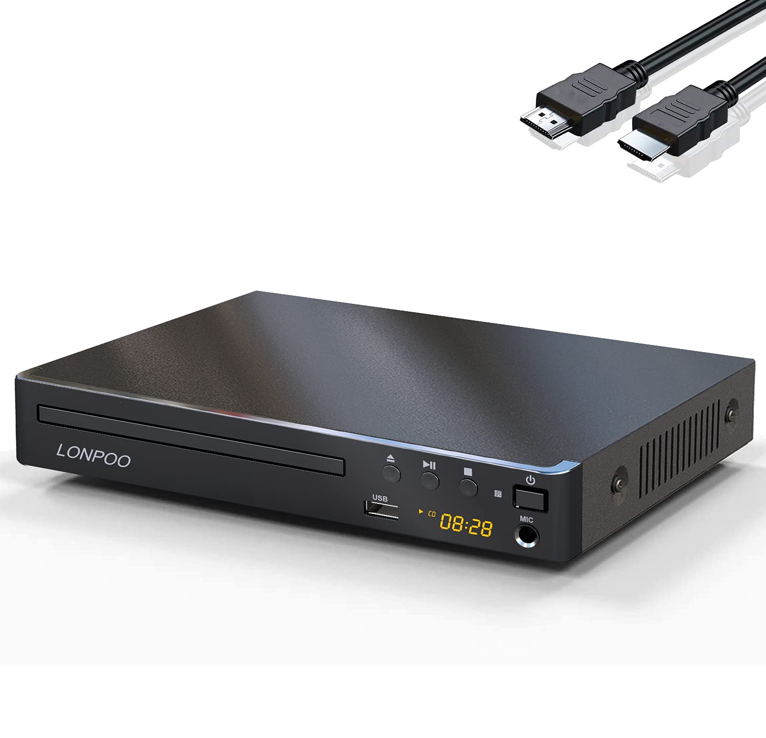 Kompaktowy odtwarzacz DVD do TV - mały odtwarzacz CD/DVD bez kodu, z HDMI (1080p HD Upscaling)/AV/wyjście koncentryczne, wejście USB i wyjście MIC, (z kablem HDMI 1,5 m)