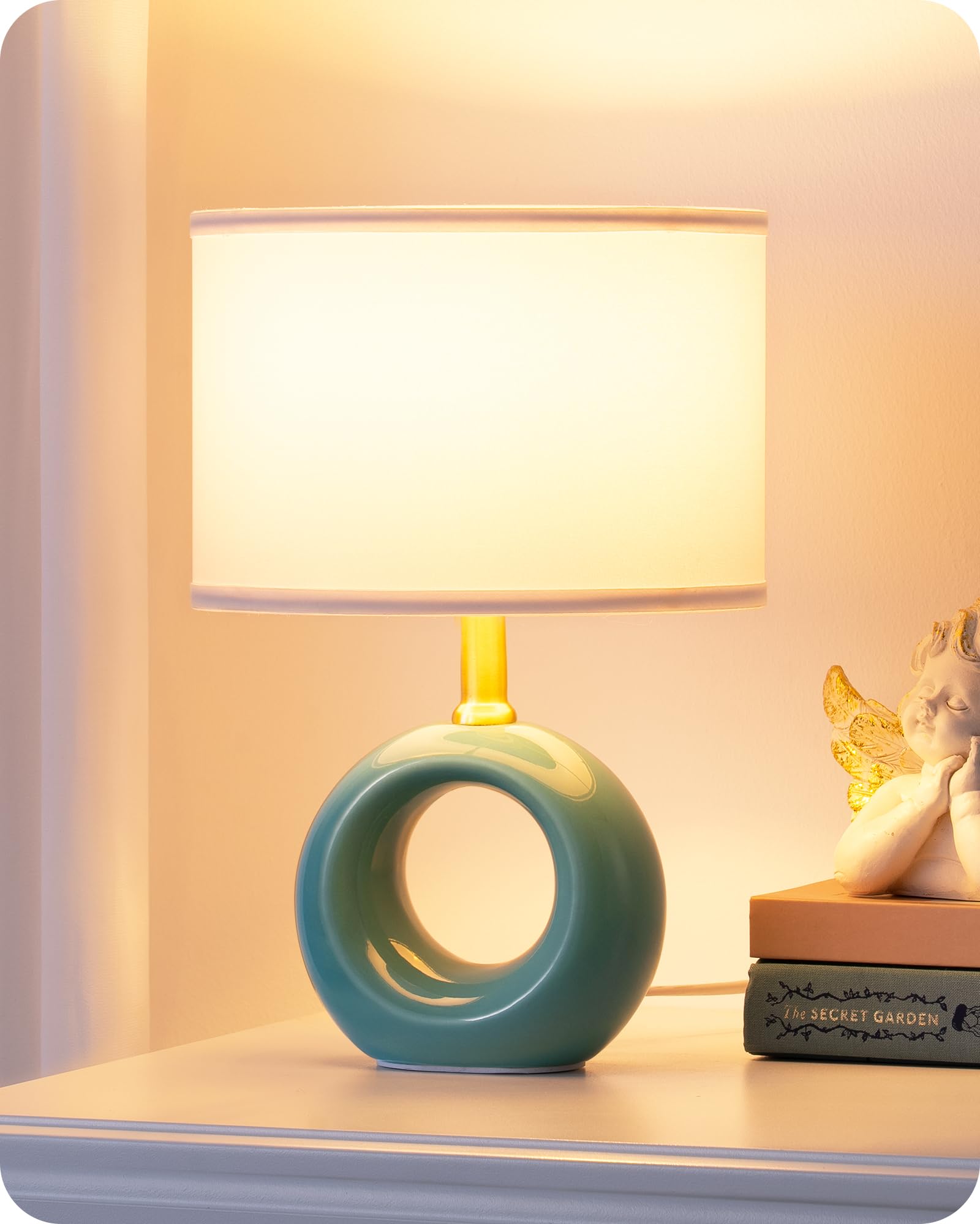 EDISHINE Ceramiczna lampa stołowa, elegancka i nowoczesna lampka nocna z abażurem z materiału, żarówka E14 w zestawie, ciepła biel 2700 K, do sypialni, salonu i dekoracji Niebieski