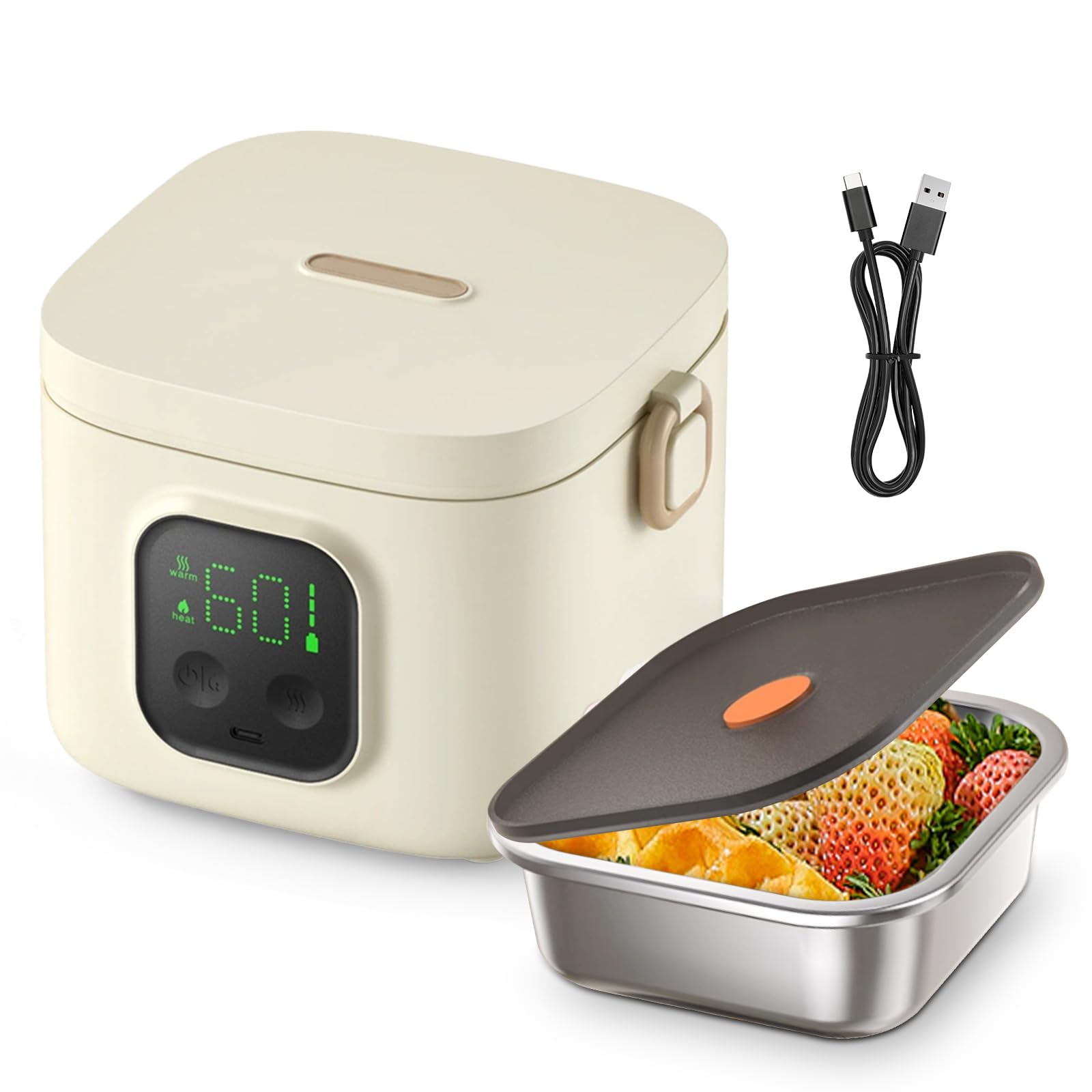 Elektryczny pojemnik na lunch z akumulatorem, 800 ml, 1000 mAh, pojemnik utrzymujący ciepło dla dorosłych, funkcja ogrzewania, 80 min, czas trzymania 8 h, do biura, samochodu, na plac budowy