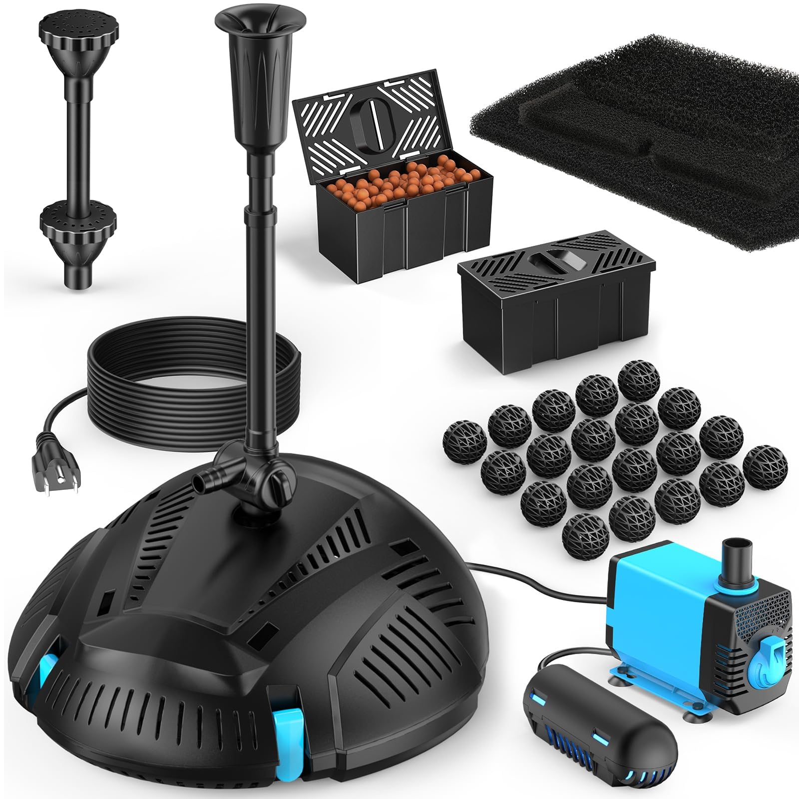 POPOSOAP Filtr do oczka wodnego z wbudowanym oczyszczaczem UV i zestawem fontann, 2500 l/h, 40 W, kompletny zestaw z pompą do oczyszczania wody, stawu ogrodowego, akwarium
