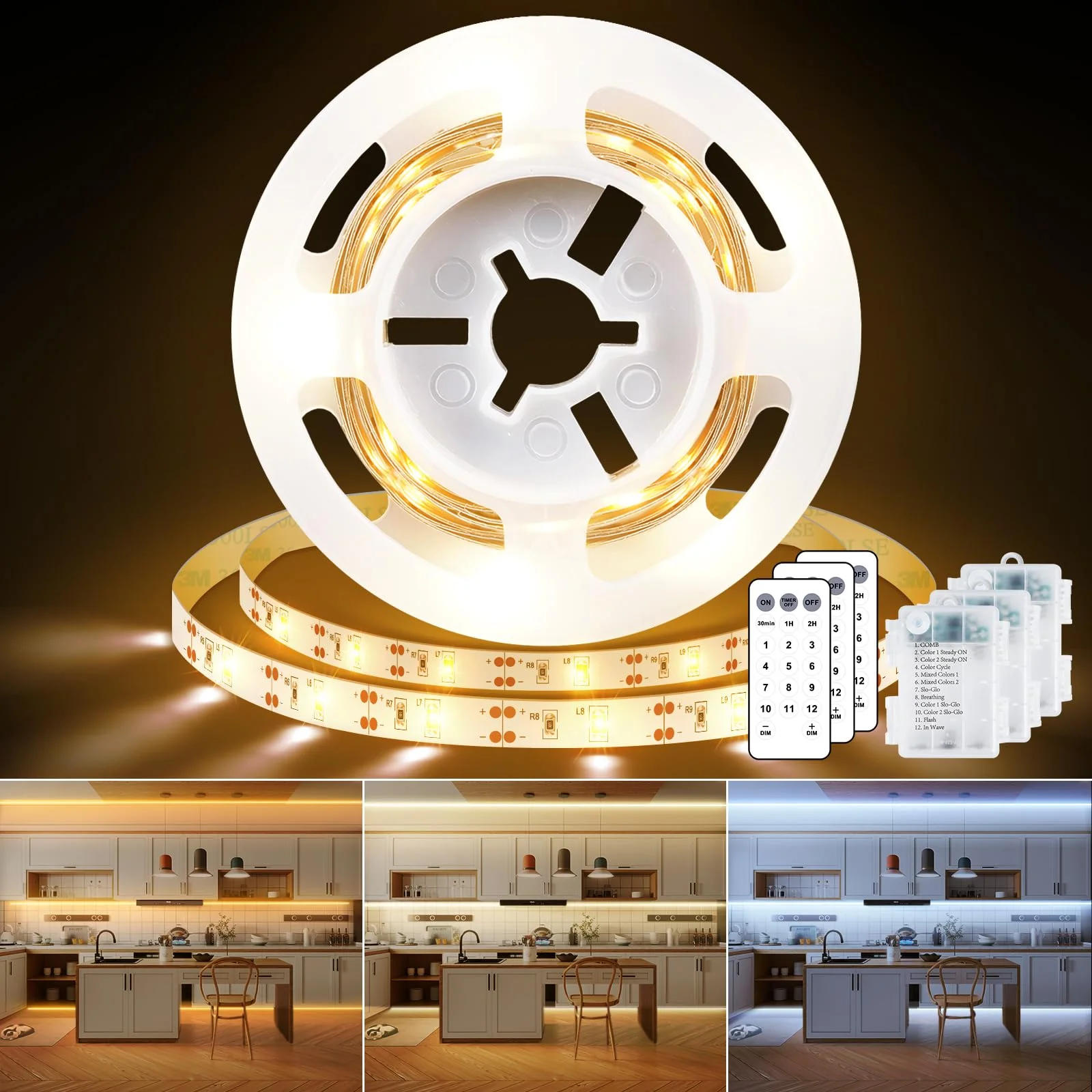 StarryEver Taśma LED na baterie lub USB, 1 m, zasilanie bateryjne lub USB 2 w 1, z pilotem zdalnego sterowania, timer, taśma LED, ciepła biel i zimna biel, taśmy LED do kuchni, regału na książki, szafy, szafy, łóżka