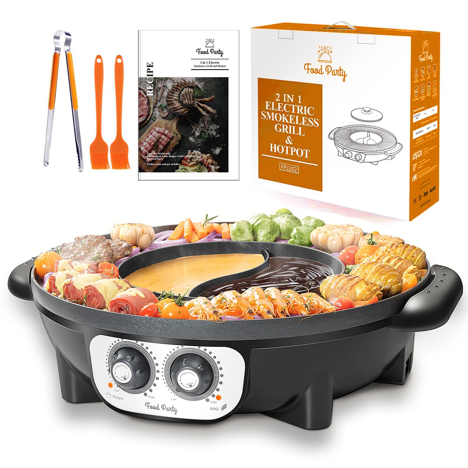 Food Party Hot Pot i grill elektryczny hotpot grill elektryczny 2 w 1, 220 V, 2200 W, do użytku wewnątrz i na zewnątrz, 42 cm, do fondue, raclette, dla 8 osób