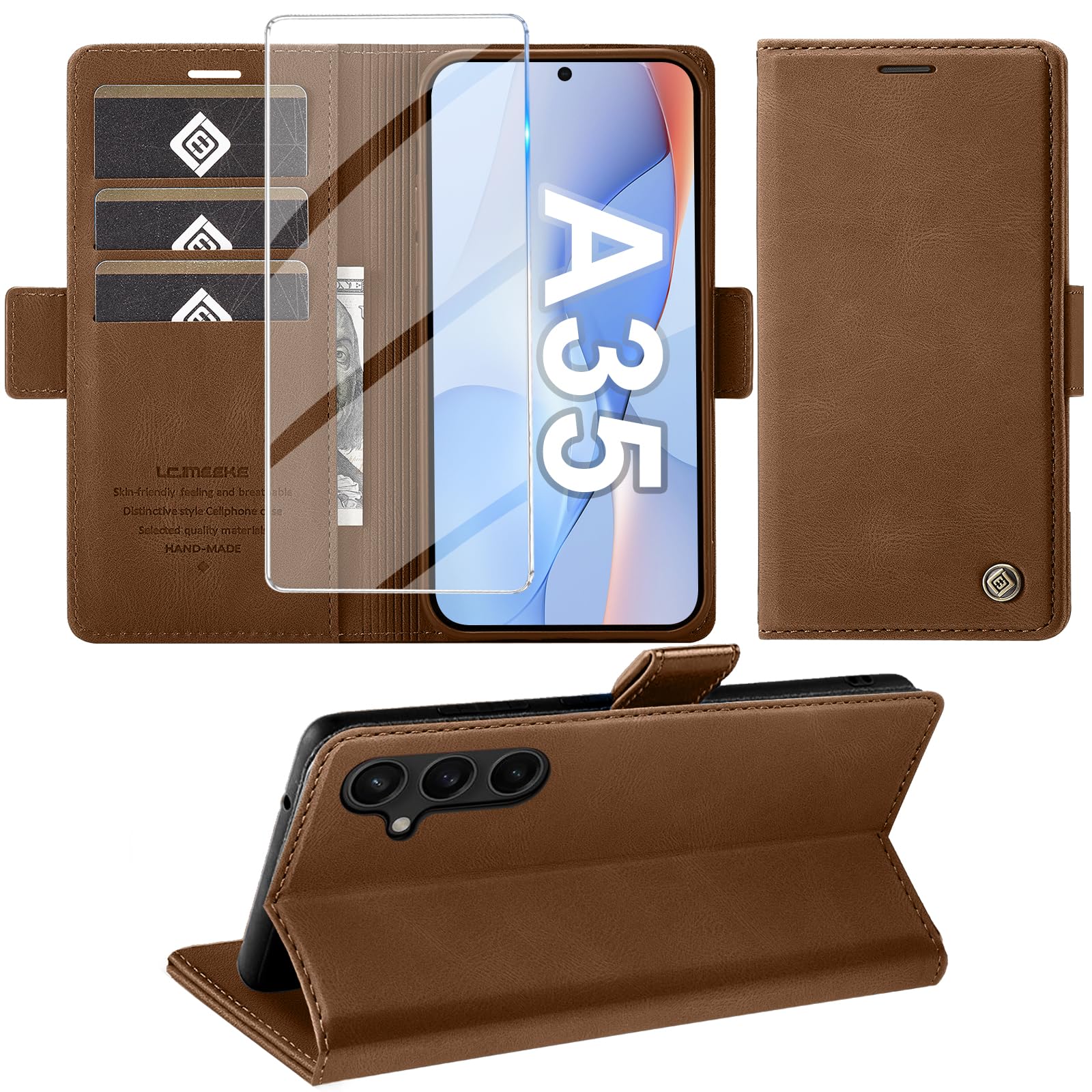 Etui do Samsung Galaxy A35 5G, magnetyczne etui premium z klapką ze skóry PU, etui z klapką i portfelem odporne na wstrząsy etui ochronne na telefon Samsung A35 5G (brązowy)
