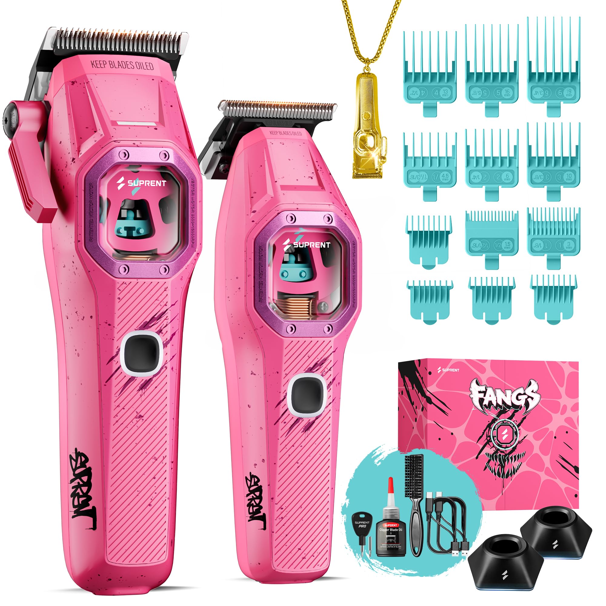 SUPRENT Fangs Professional Barber Clippers – Profesjonalny zestaw maszynek dla fryzjera z silnikiem wektorowym 13 000 RPM, profesjonalny zestaw do strzyżenia włosów z AI Speed Control, opatentowane ostrze U-Teeth (PINK)