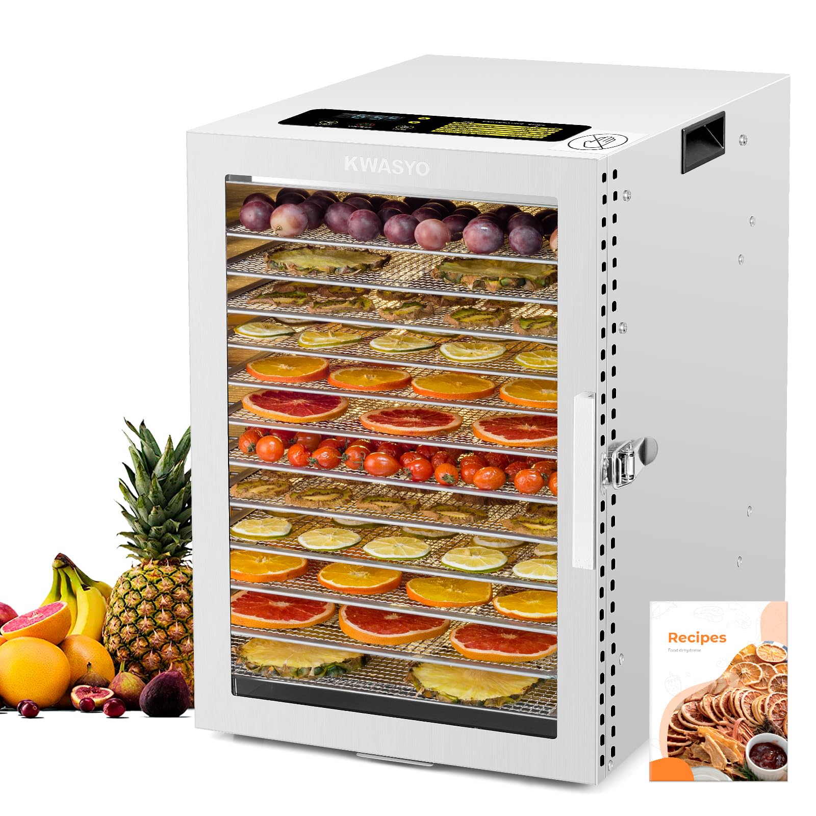 Kwasyo Suszarka ze stali nierdzewnej, podwójny wentylator 360°, wydajne suszenie, 12 poziomów, regulacja temperatury 20-90°C, timer 24-godzinny, zabezpieczenie przed przegrzaniem