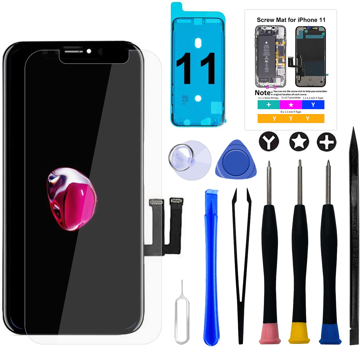 Ekran Iphone 11, czarny, Goldwangwang 4,7-calowy ekran dotykowy LCD Digitizer zamiennik w pełni ramka zestaw narzędzi do naprawy + osłona ekranu ze szkła hartowanego
