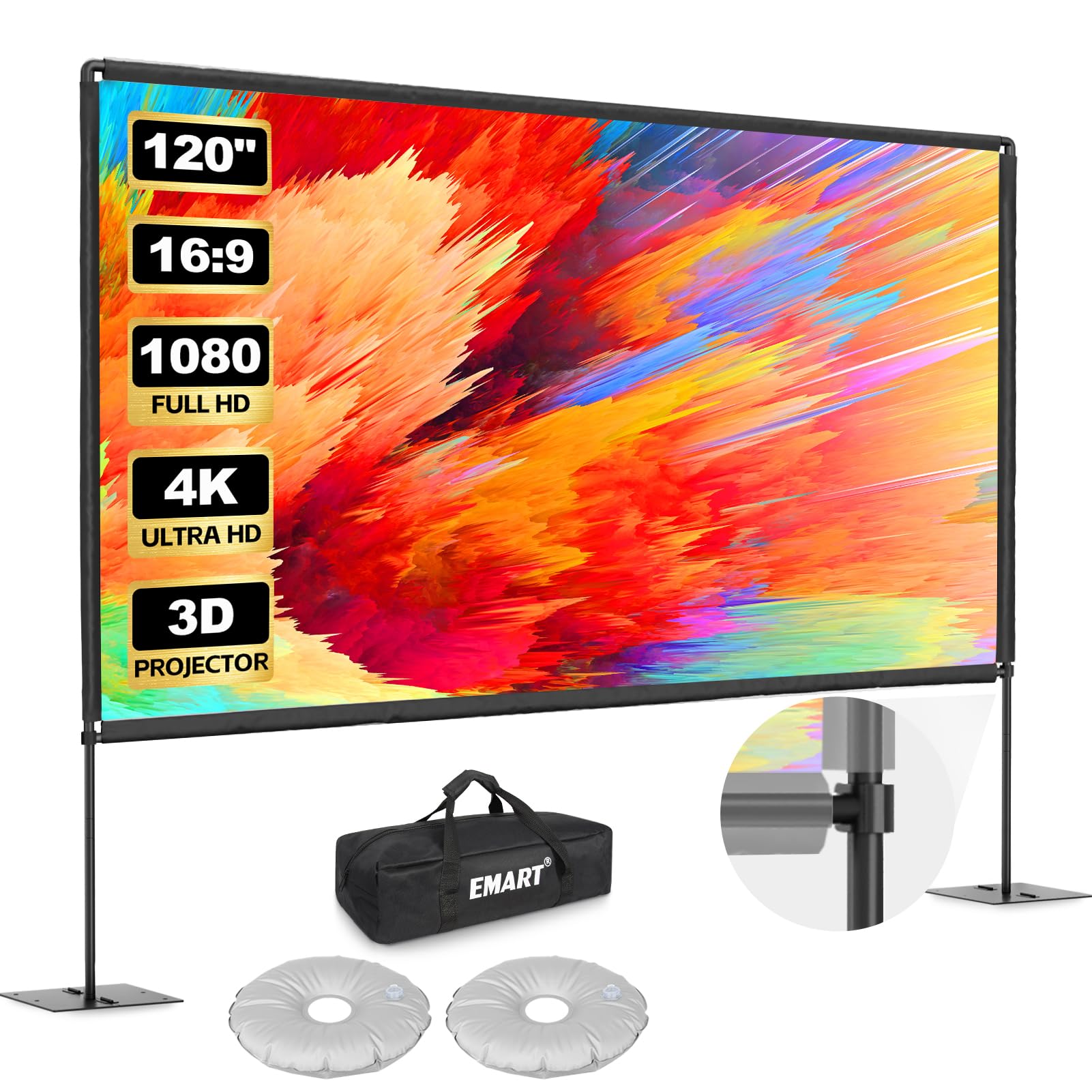 EMART Ekran projektora zewnętrznego ze stojakiem, przenośny stojak na projektor 30.0 cm, do wewnątrz, z wytrzymałą płaską podstawą, 16:9 4K HD