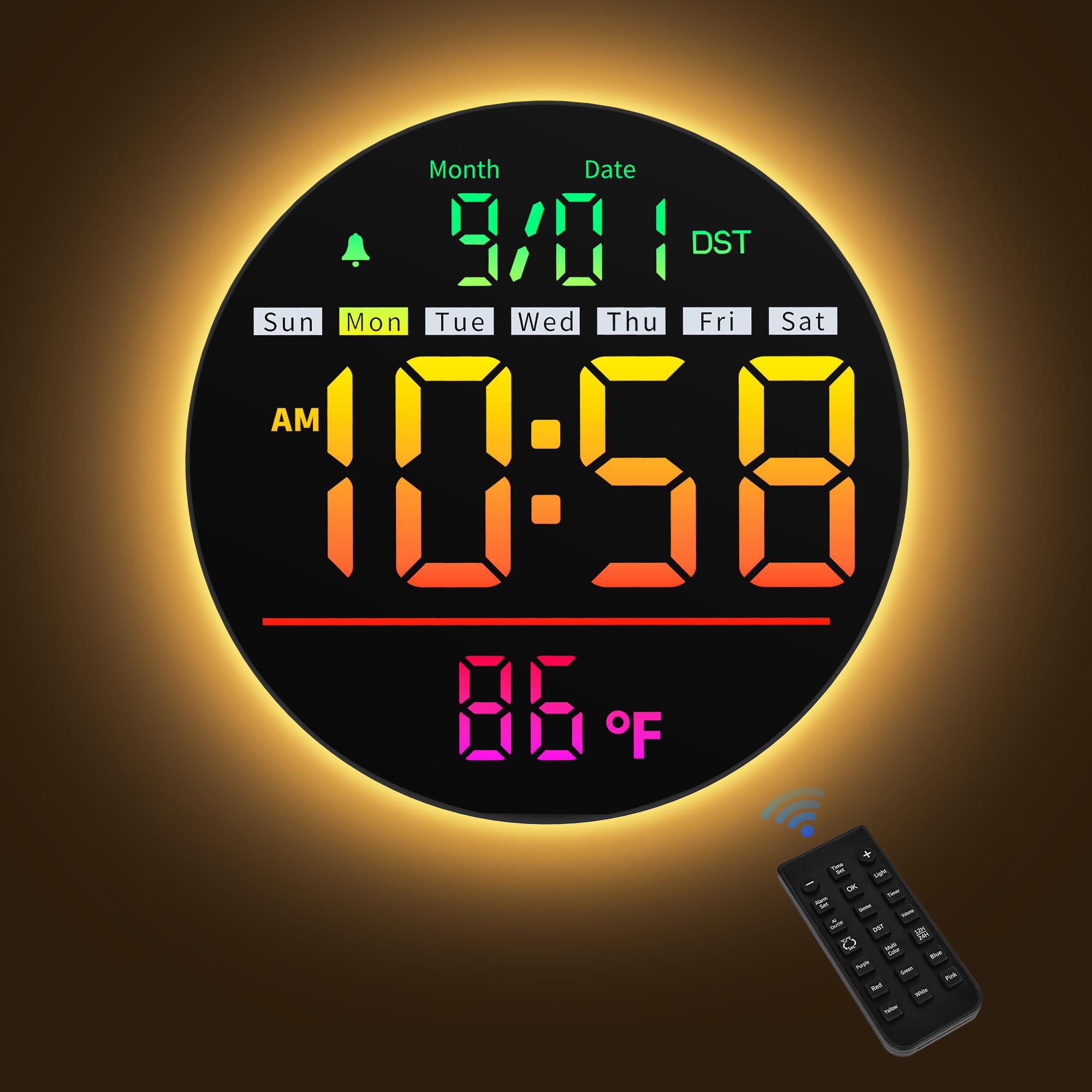 Maxstar Cyfrowy zegar ścienny LED z timerem, sekundy, temperatura, data, czas letni, lampka nocna, kolor RGB, budzik, 5-poziomowa jasność wyświetlacza, cyfrowy zegar do klasy, sypialni, garażu