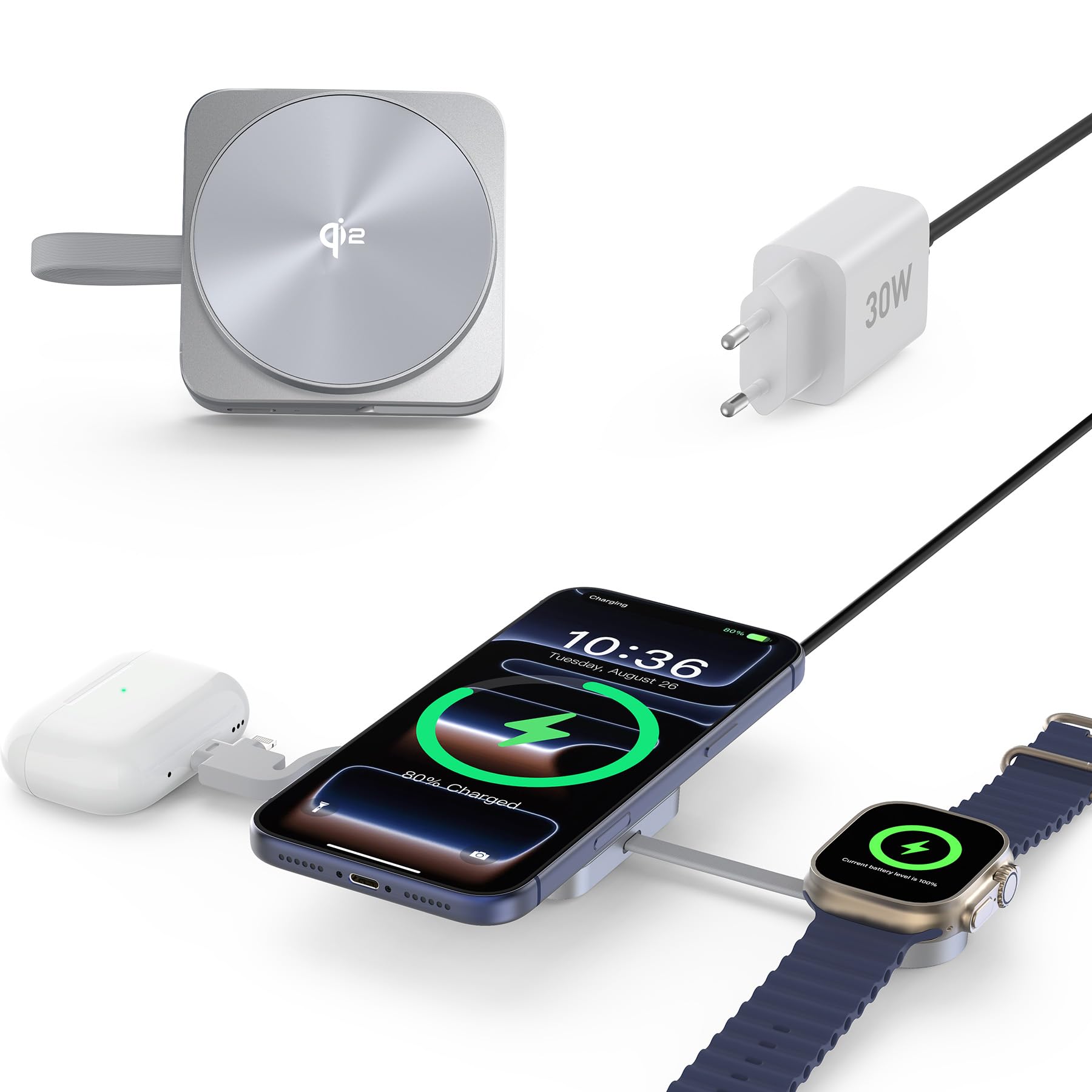 RoRoSkin Do stacji ładującej Apple Watch i iPhone'a, Mag-Safe ładowarka 3 w 1, indukcyjna stacja ładująca, podróżna, bezprzewodowa ładowarka kompatybilna z iPhone 16/15/14/13/12, Apple Watch 10/9