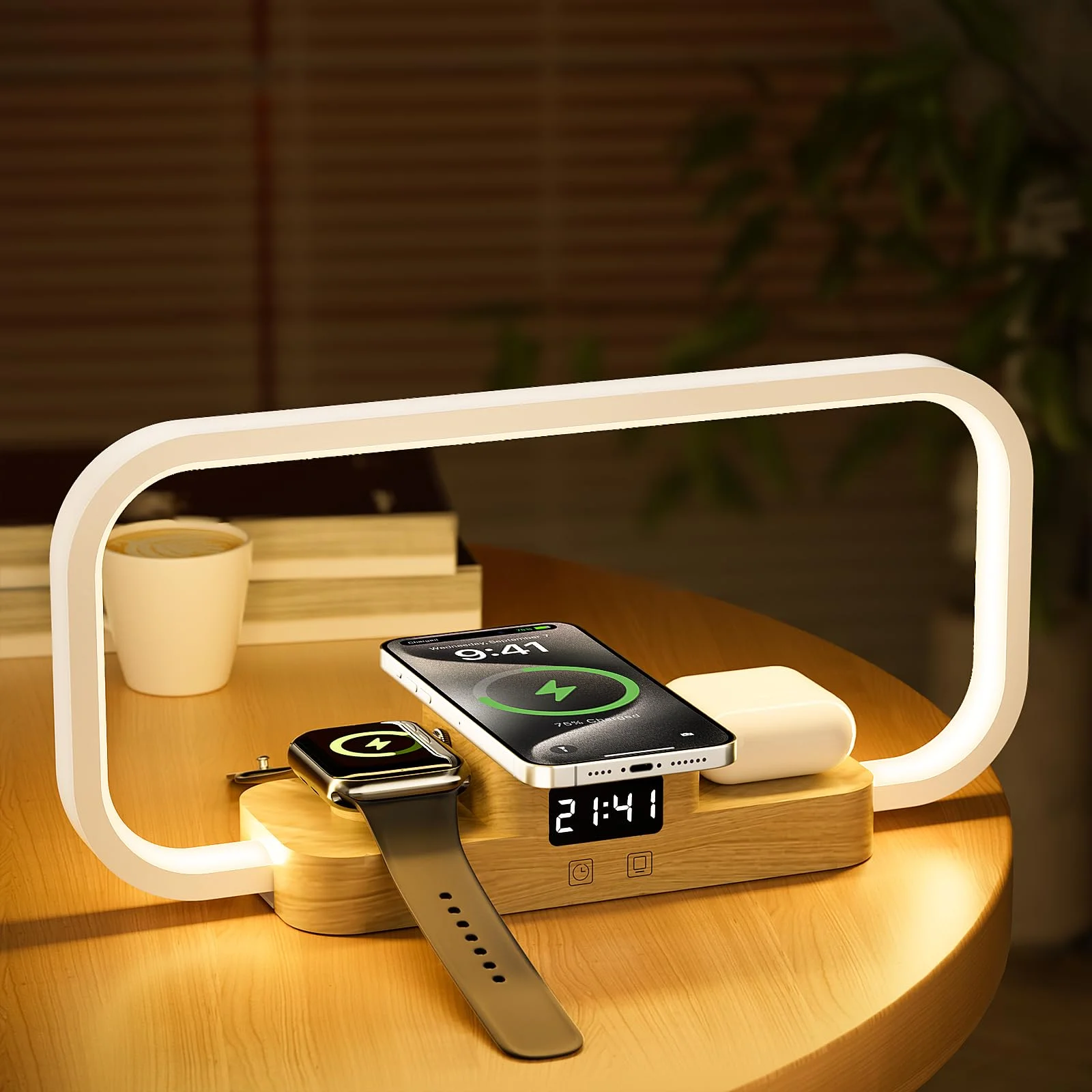 CRLL Lampka nocna 3 w 1 z bezprzewodową ładowarką i portem USB, 5 kolorów ściemnialna lampa stołowa sterowanie dotykowe, stacja ładująca do pods, smartfon do aparatu, imitacja drewna