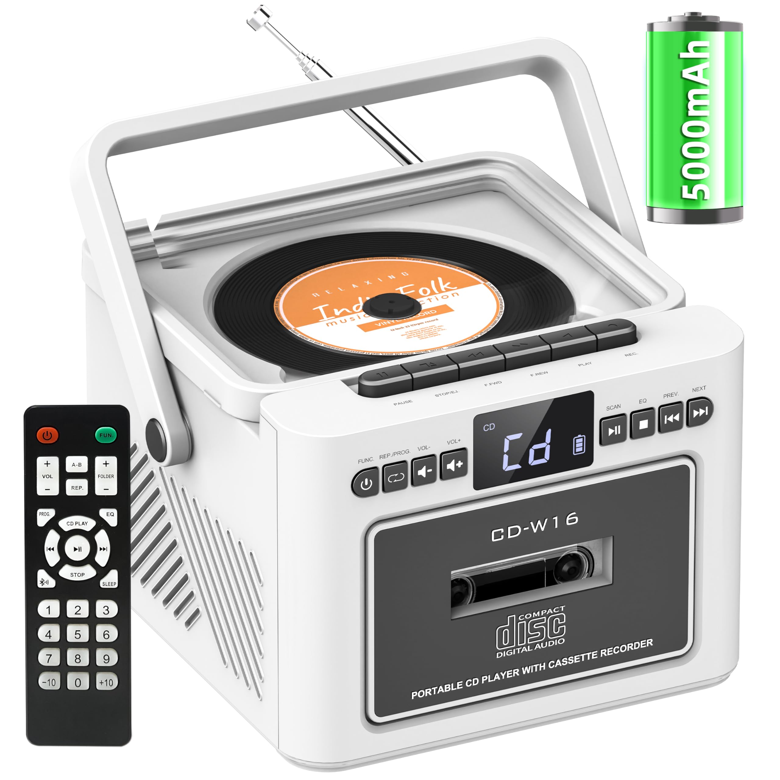 Boombox przenośny odtwarzacz CD, odtwarzacz CD z odtwarzaczem kasetowym, radio FM z odtwarzaczem CD, akumulator 5000 mAh, pilot zdalnego sterowania, odtwarzanie USB/AUX/MP3/TF/słuchawki 3,5 mm do domu