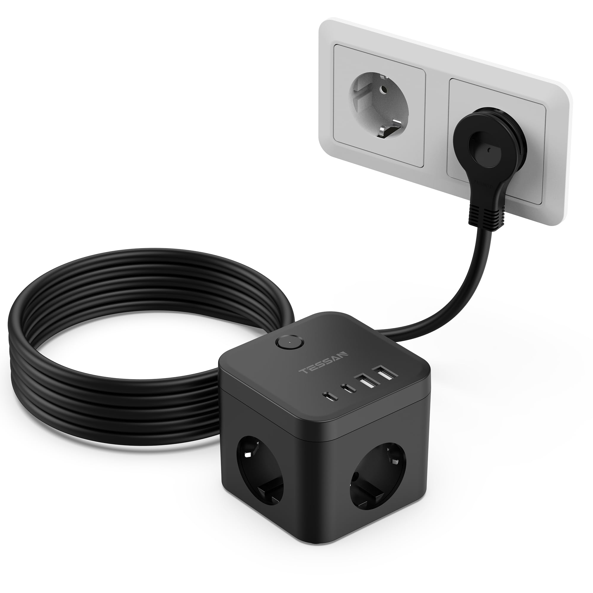 TESSAN Listwa zasilająca z płaska wtyczka, PD 20W szybkie ładowanie USB C, 3 gniazda wtykowe i 4 gniazdami USB, kostka wtyczka wielokrotna z przełącznikiem i przedłużacz 5M, do biura domowego, czarna 5 Metry PD20W(Czarna)