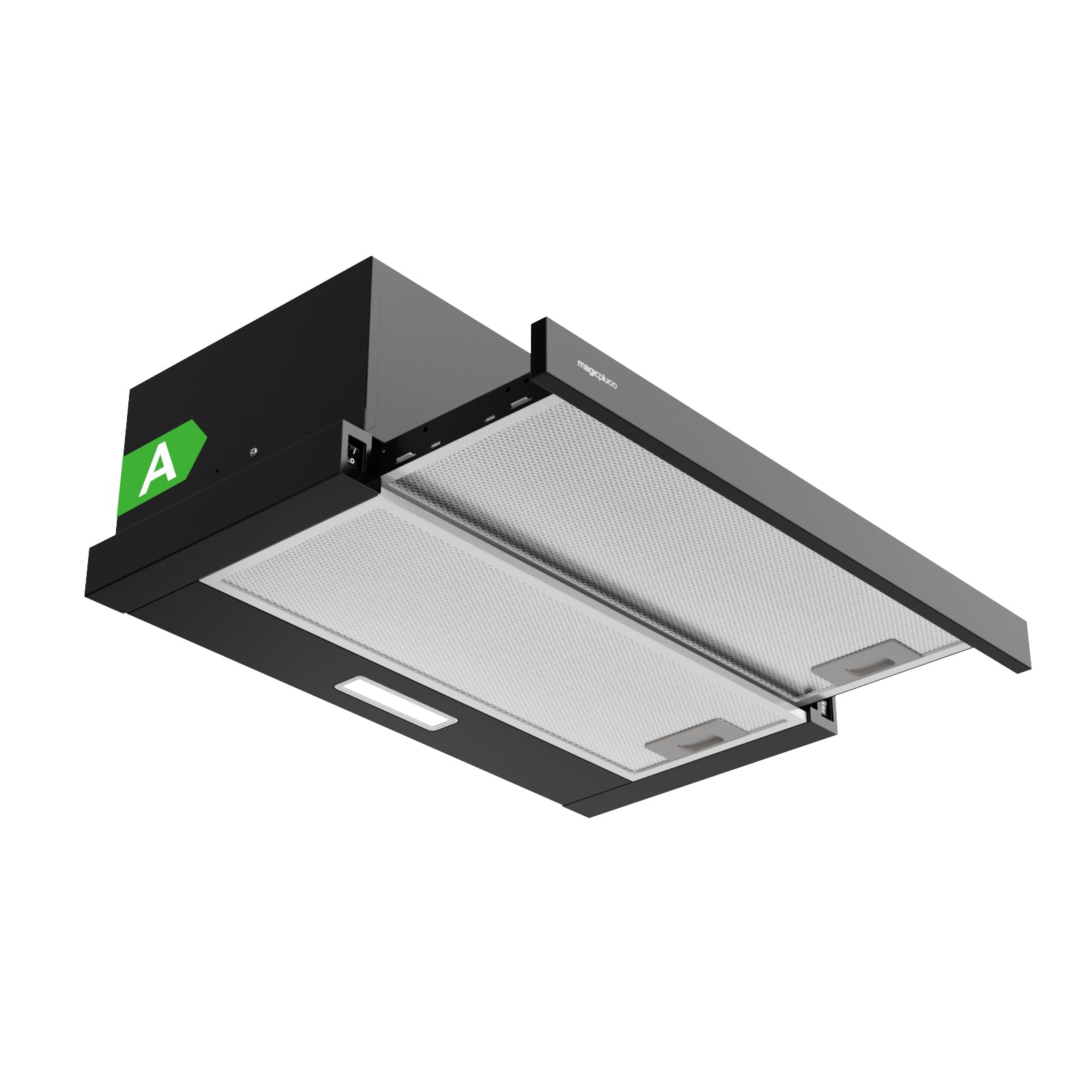 magicplux Płaski okap kuchenny 60 cm, czarny, 370 m³/h powietrze wylotowe/obiegowe, klasa efektywności energetycznej A, oświetlenie LED, tylko 60/65 dB(A), w zestawie filtr z węglem aktywnym