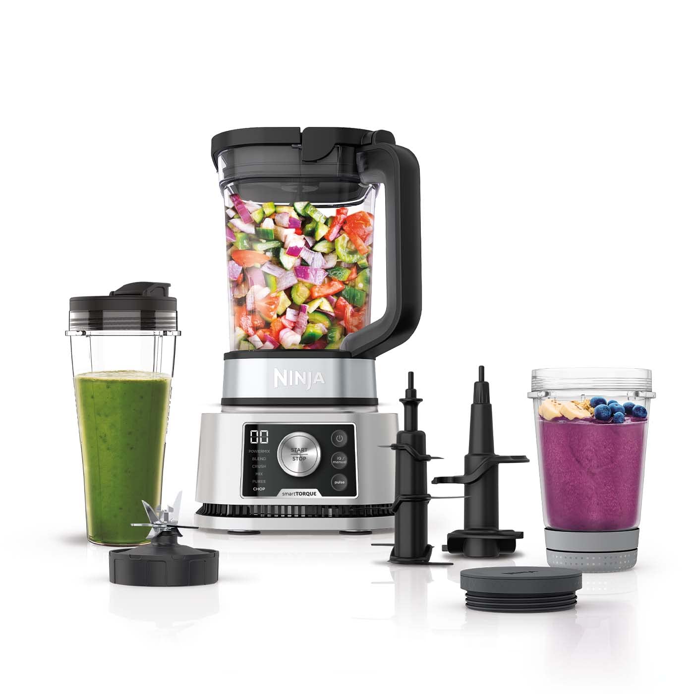 Ninja Foodi Power Nutri Mixer, smoothie Maker, pojemnik 2,1 l, kubek 700 ml i miska 400 ml, Power Paddle, automatyczne programy, 1200 W, 3 w 1, srebrny, CB350EU