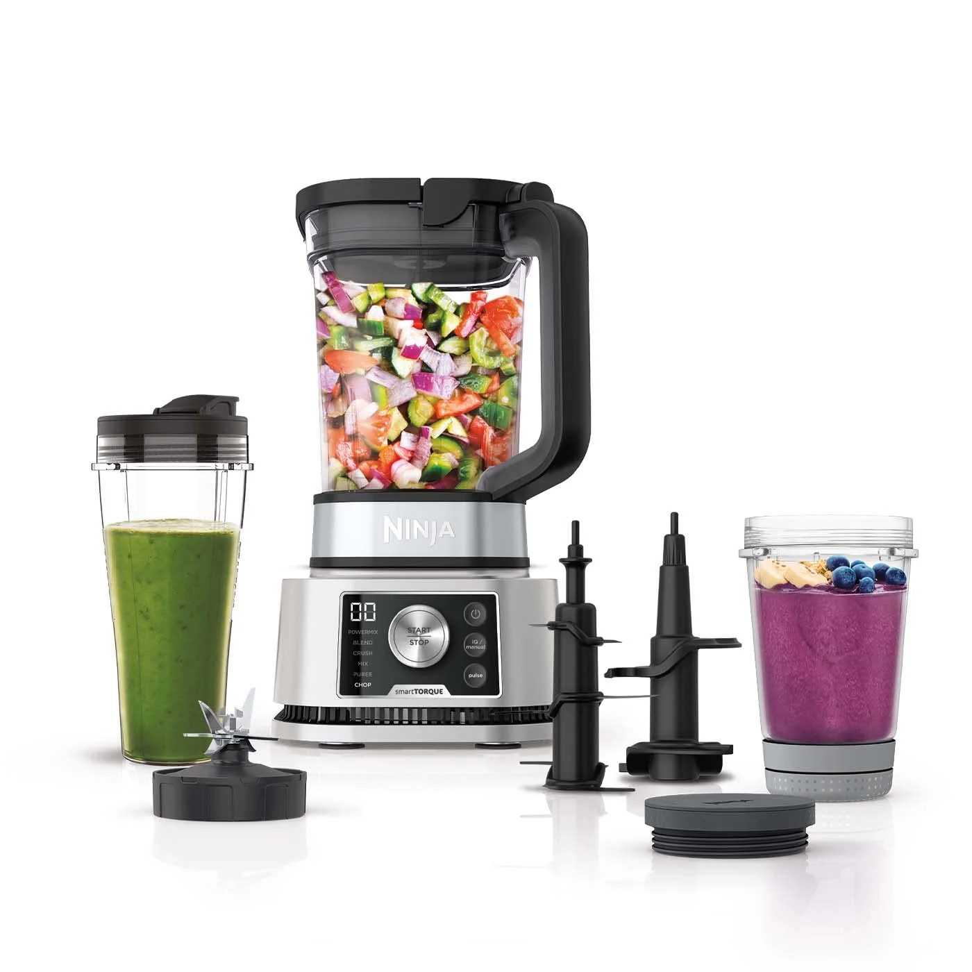 Ninja Foodi Power Nutri Mixer, smoothie Maker, pojemnik 2,1 l, kubek 700 ml i miska 400 ml, Power Paddle, automatyczne programy, 1200 W, 3 w 1, srebrny, CB350EU